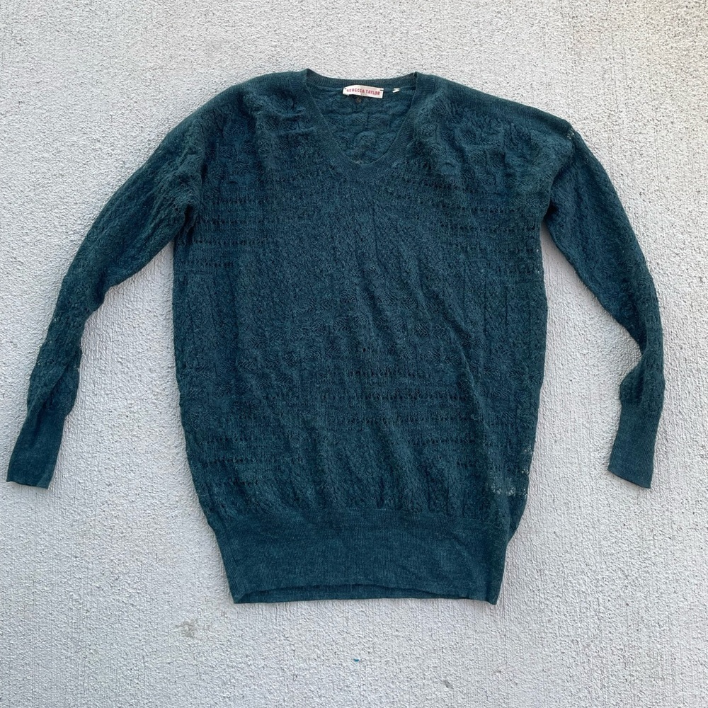 Rebecca Taylor Teal Open Knit Sweater XS Wool Alpaca V Neck Lace
